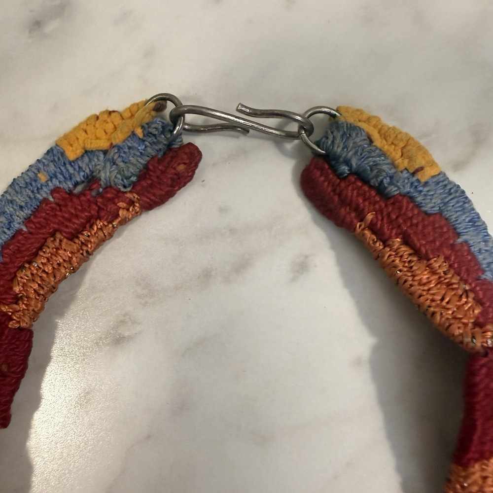 Artisan Woven Tapestry Fabric Beaded Ethnic Bib Necklace Helen Banes Style - Picture 7 of 10